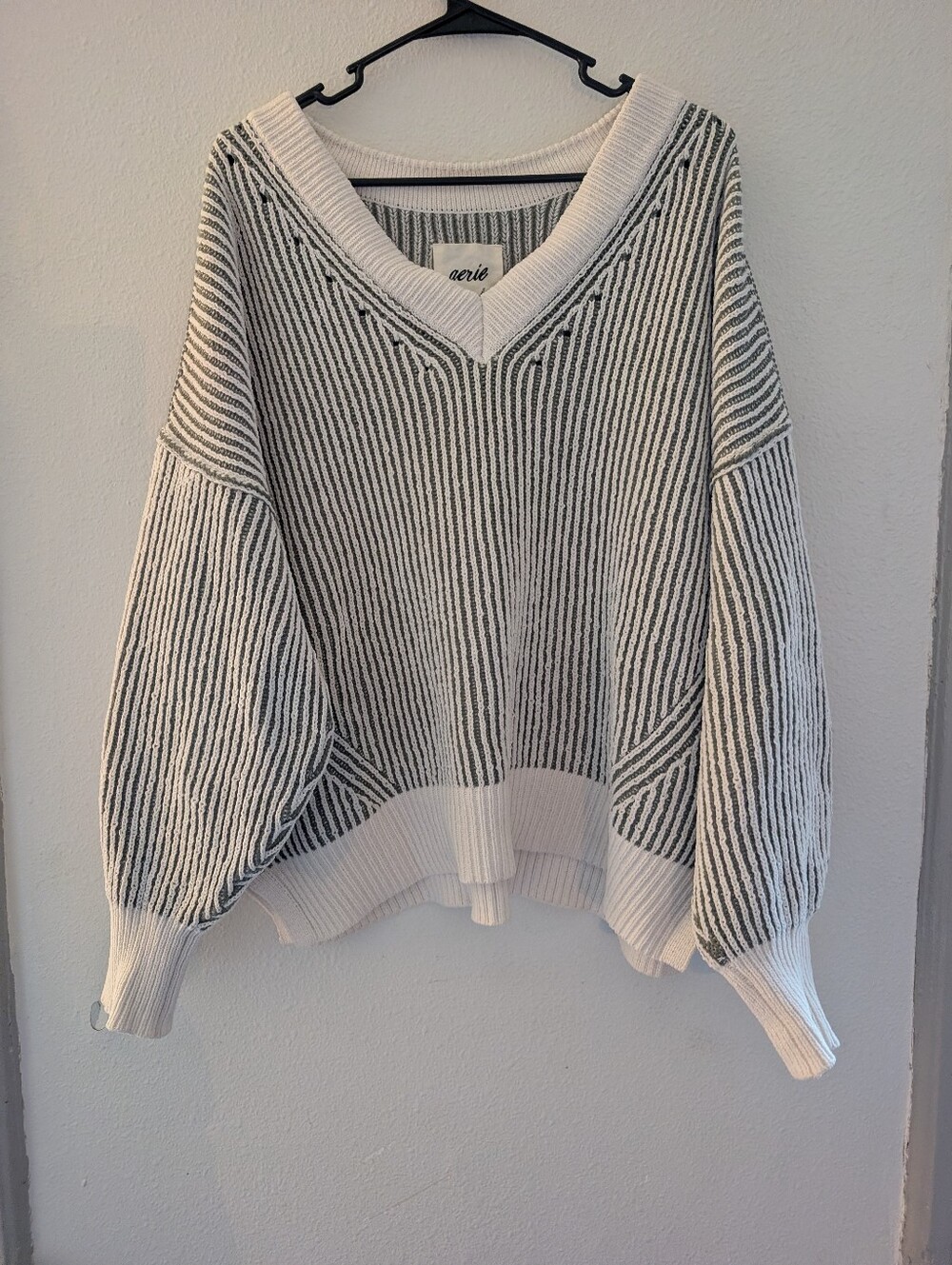 aerie Striped V-Neck Oversized Sweater - White & Green